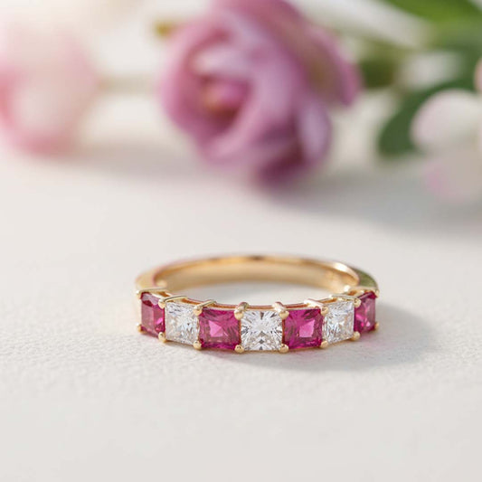 14KT Yellow Gold Ruby & Princess-Cut Diamond Band Ring (RB: 1.41 CTS | DIA: 0.78 CTS)