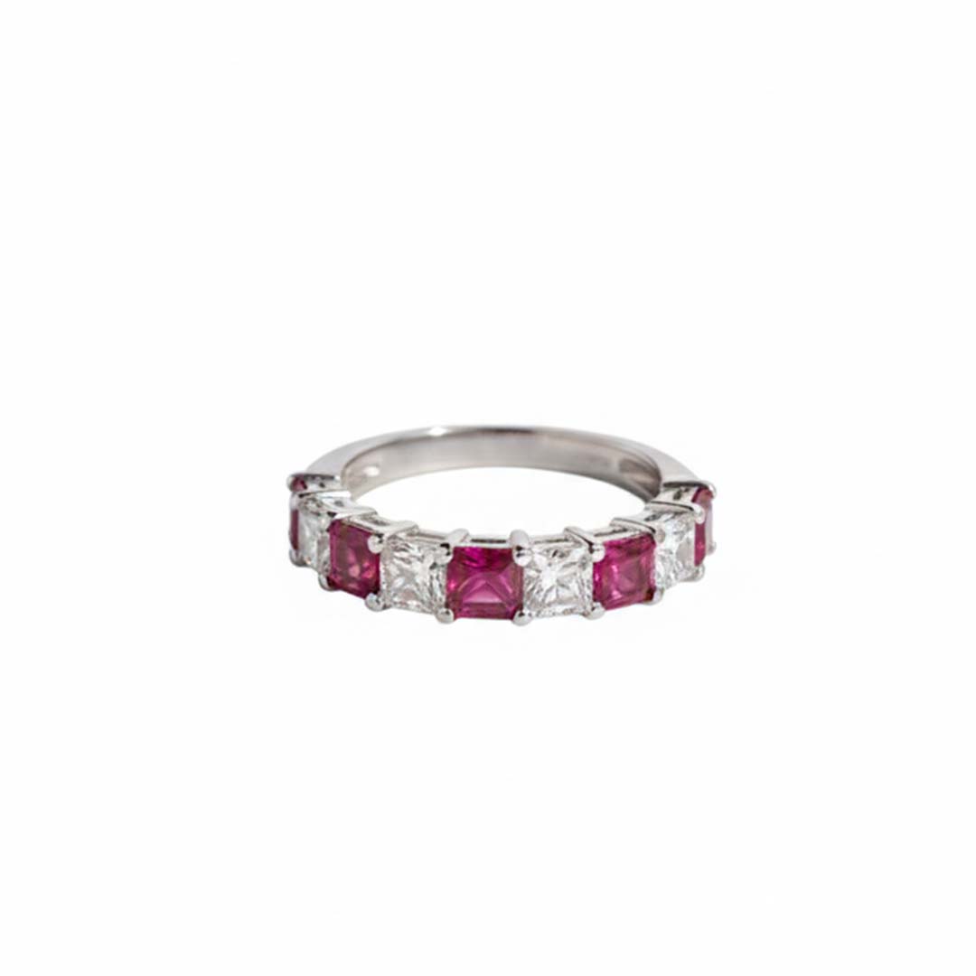 14KT White Gold Ruby & Princess-Cut Diamond Band Ring (RB: 1.28 CTS | DIA: 0.77 CTS)