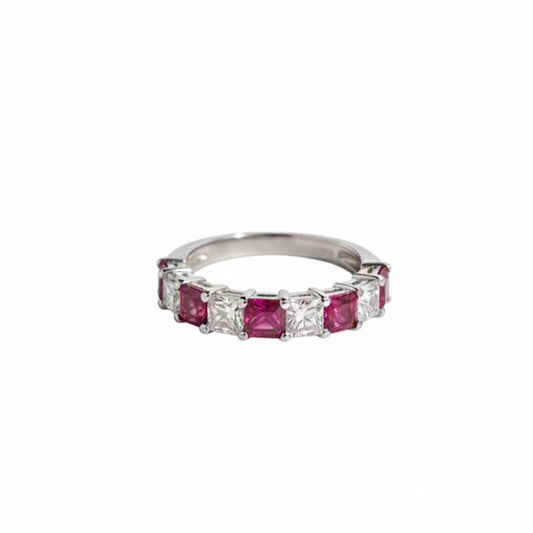 14KT White Gold Ruby & Princess-Cut Diamond Band Ring (RB: 1.28 CTS | DIA: 0.77 CTS)