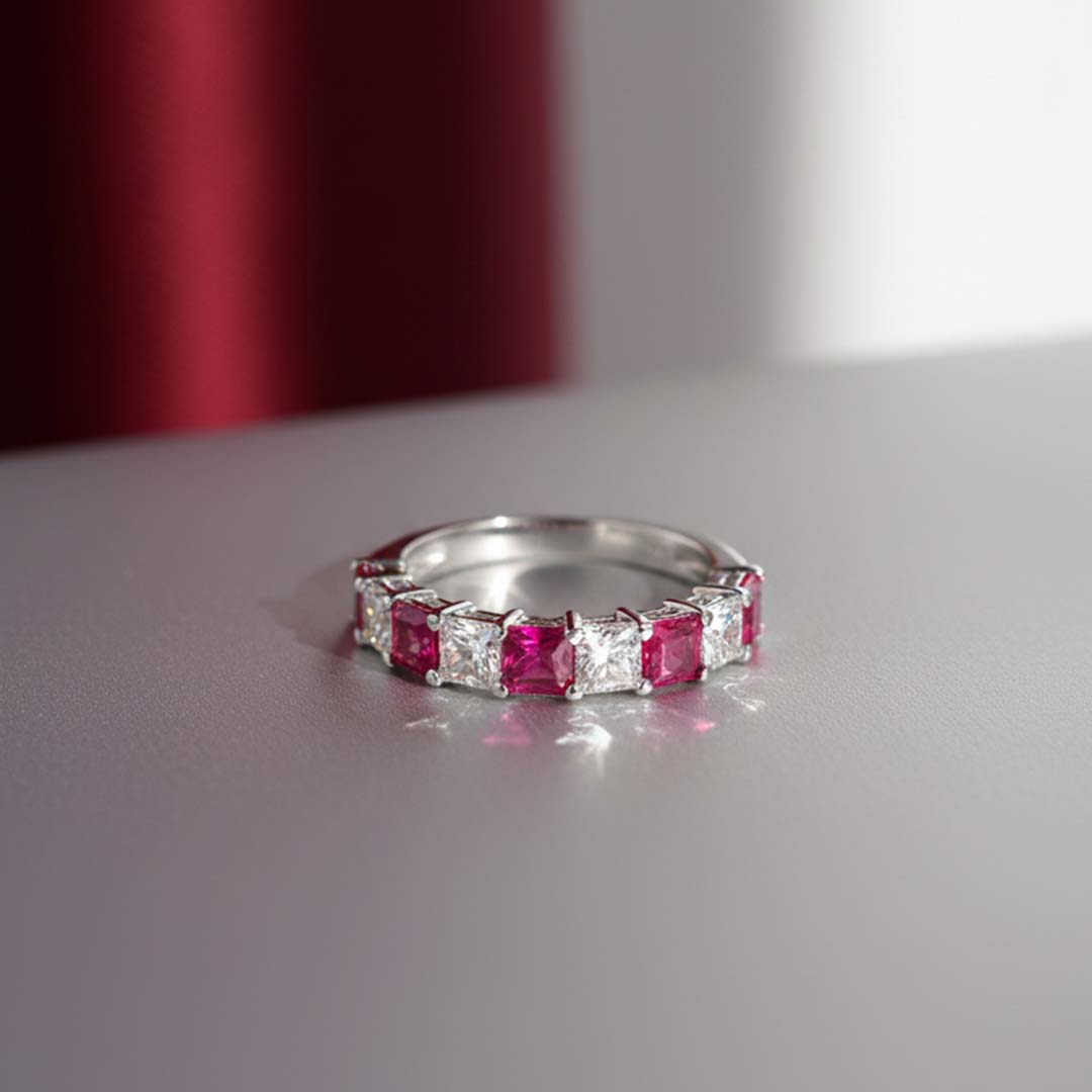 14KT White Gold Ruby & Princess-Cut Diamond Band Ring (RB: 1.28 CTS | DIA: 0.77 CTS)