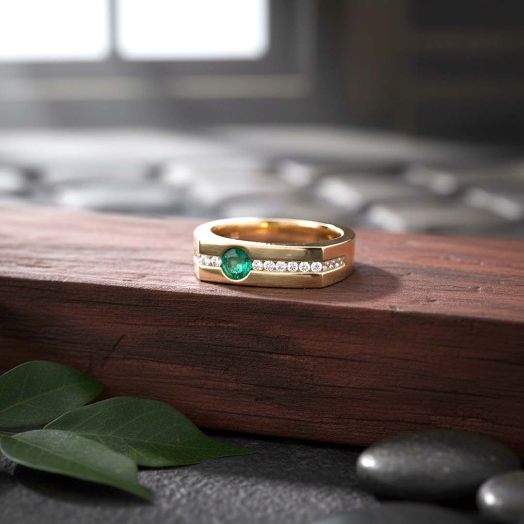 14KT Yellow Gold Emerald (0.22 cts) and Diamond (0.17 cts) Bezel Band Ring