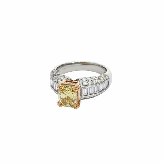2.01ct Fancy Yellow Radiant-Cut Diamond Ring in 18K Gold with Baguette & Pavé Side Diamonds