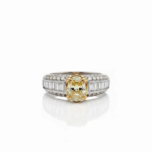 1.14ct Fancy Yellow Oval Diamond Ring in 18K Gold with Baguette & Pavé Diamonds