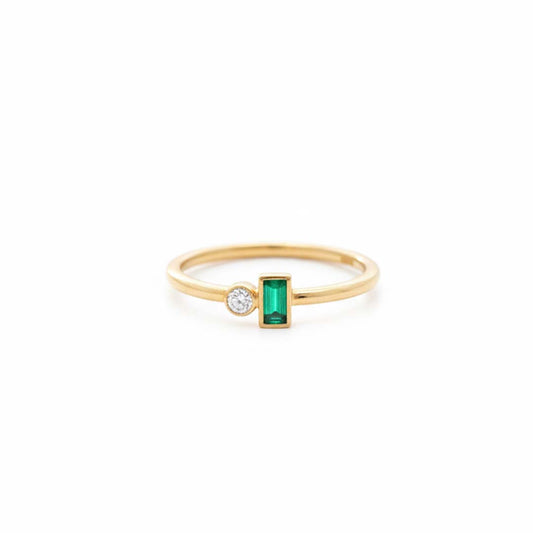14KT Yellow Gold Bezel-Set Emerald-Cut Emerald and Round Diamond Ring (0.18 CT TW)