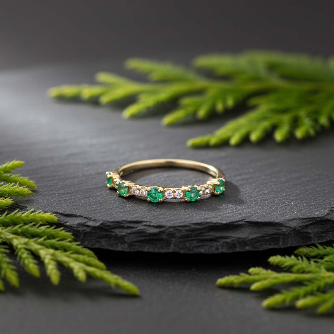 14K Yellow Gold Emerald & Diamond Band Ring (0.47 ctw)