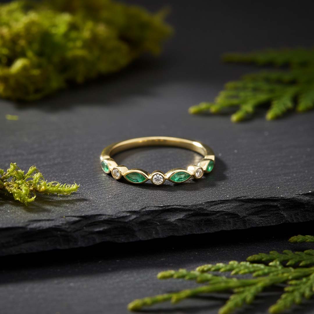 14K Yellow Gold Alternating Marquise Emerald and Round Diamond Ring – 0.42 Carats Total Weight