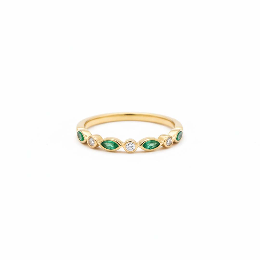 14K Yellow Gold Alternating Marquise Emerald and Round Diamond Ring – 0.42 Carats Total Weight