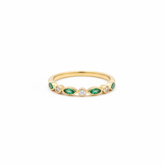 14K Yellow Gold Alternating Marquise Emerald and Round Diamond Ring – 0.42 Carats Total Weight