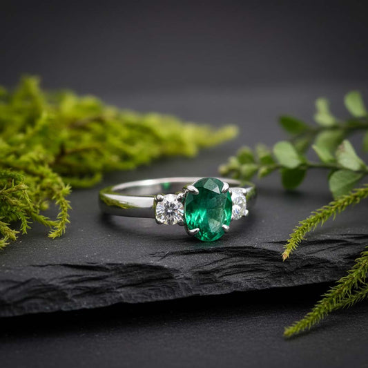 14KT White Gold Oval-Cut Emerald and Round Diamond Ring (1.10ct / 0.30ct)