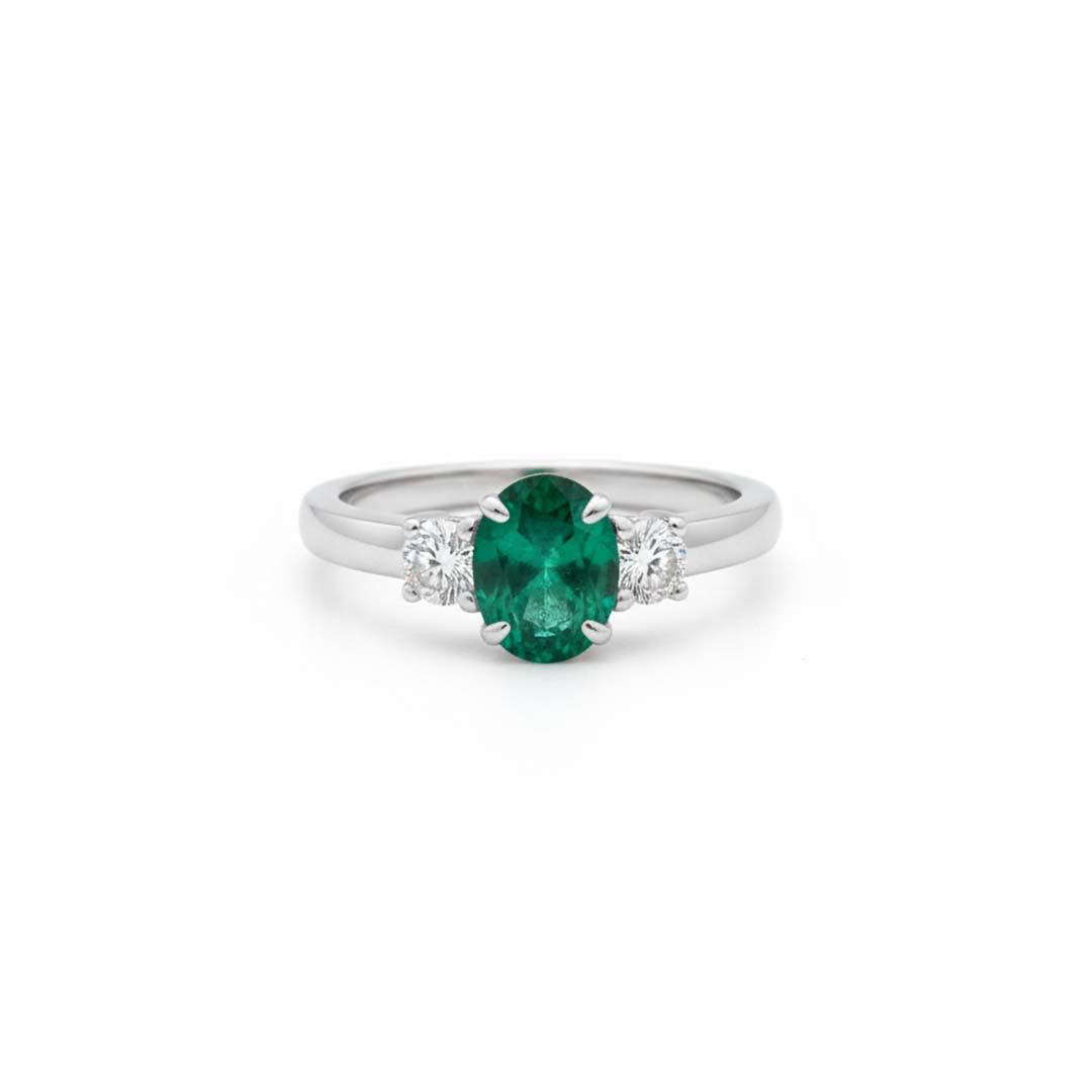 14KT White Gold Oval-Cut Emerald and Round Diamond Ring (1.10ct / 0.30ct)