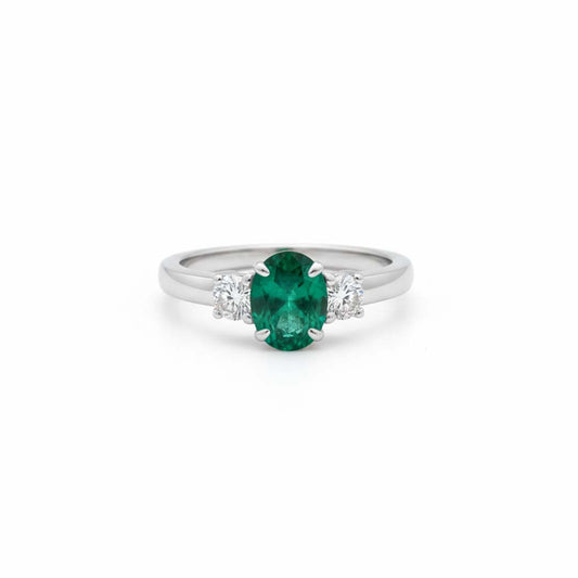 14KT White Gold Oval-Cut Emerald and Round Diamond Ring (1.10ct / 0.30ct)