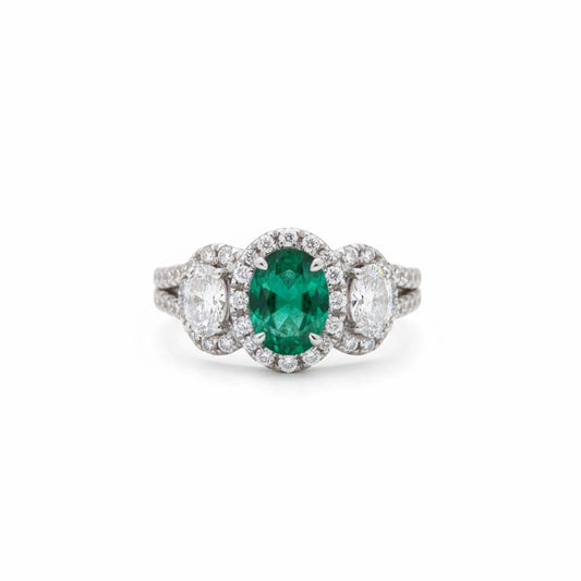 18K White Gold Oval Emerald and Diamond Three-Stone Halo Ring (2.57 CTW)