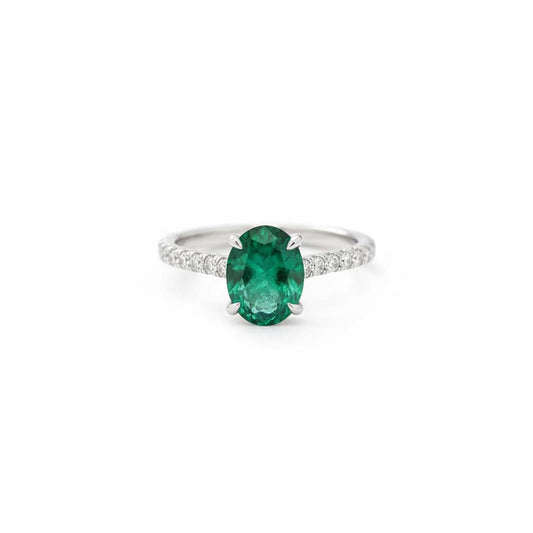 14K White Gold 1.45 CT Oval-Cut Emerald and 0.52 CT Diamond Ring