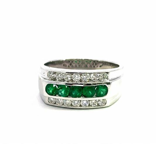 14KT White Gold Men’s Ring – 0.73ct Emeralds Surrounded by 0.70ct Diamonds