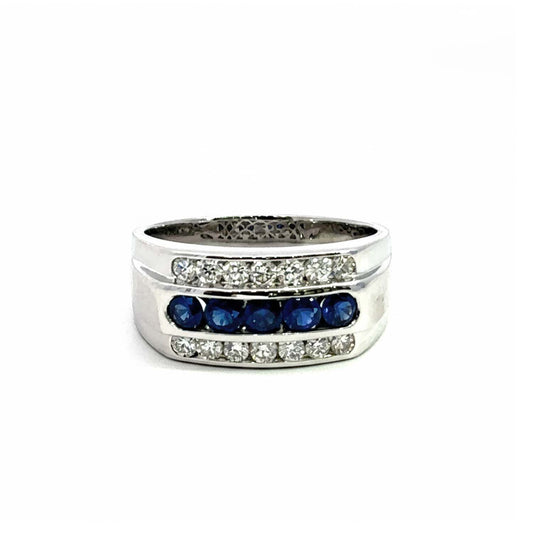 14KT White Gold Men’s Ring Featuring 1.00ct Deep Blue Sapphires and 0.70ct Diamond Rows