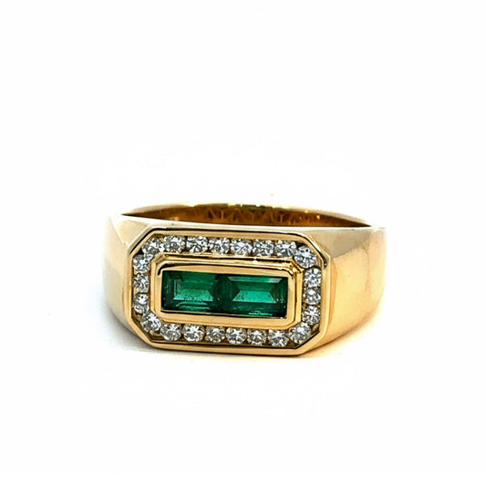 Men’s 14KT Yellow Gold Ring with 0.61ct Emeralds & 0.44ct Diamond Halo