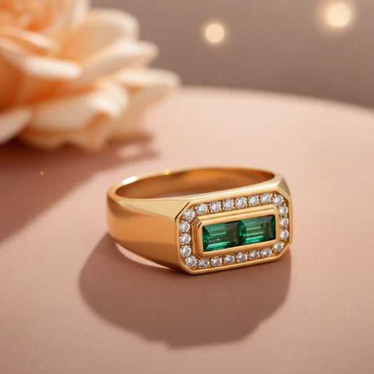 Men’s 14KT Yellow Gold Ring with 0.61ct Emeralds & 0.44ct Diamond Halo