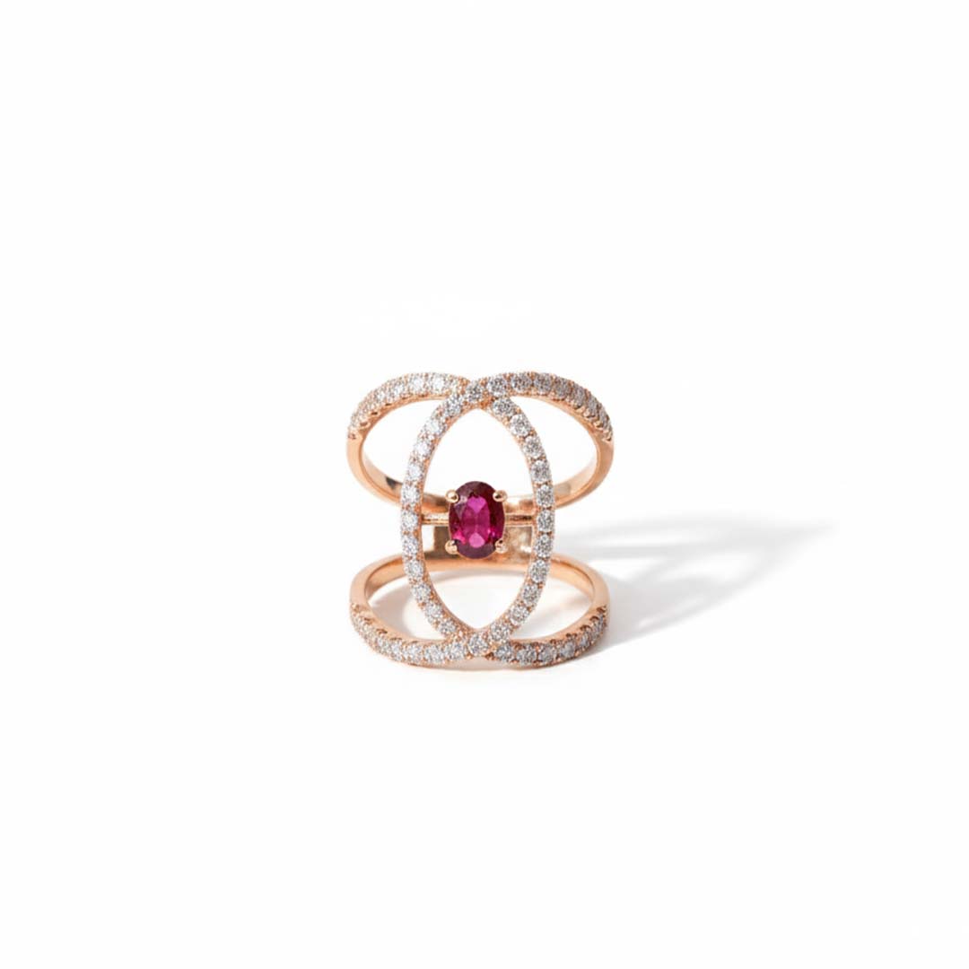 14KT Rose Gold Ruby & Diamond Double Halo Statement Ring (RB: 0.64 CTS | DIA: 0.95 CTS)