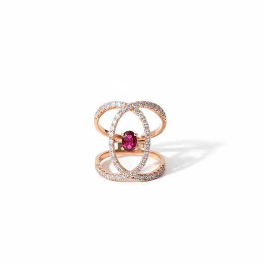 14KT Rose Gold Ruby & Diamond Double Halo Statement Ring (RB: 0.64 CTS | DIA: 0.95 CTS)