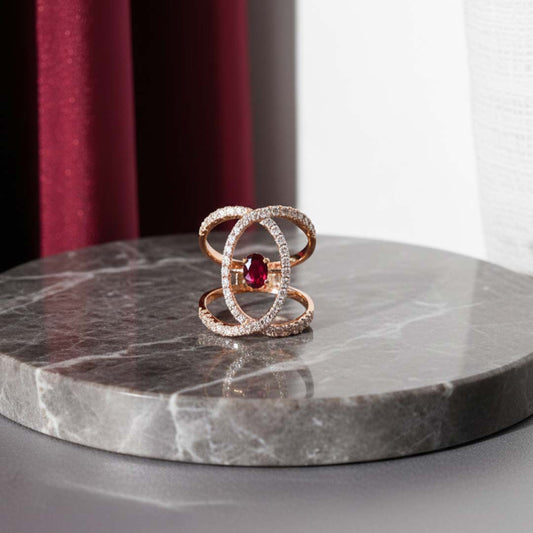 14KT Rose Gold Ruby & Diamond Double Halo Statement Ring (RB: 0.64 CTS | DIA: 0.95 CTS)