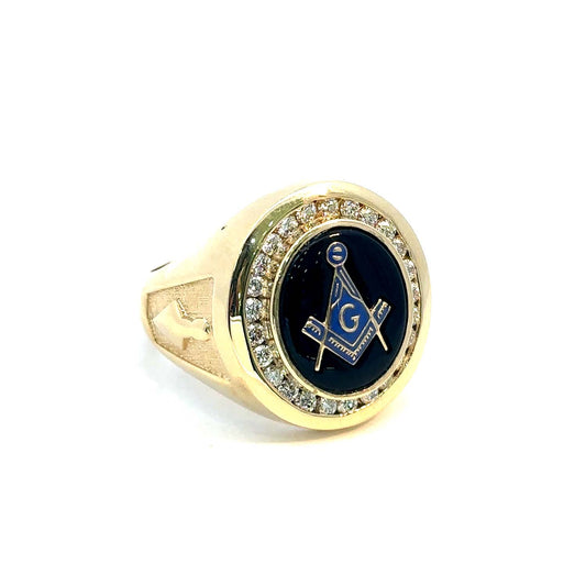 14KT Men’s Gold Masonic Ring Featuring a Striking Blue Enamel Emblem Surrounded by 0.70 Carats of Natural Diamonds