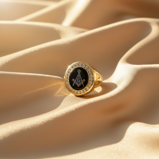 14KT Men’s Gold Masonic Ring Featuring a Striking Blue Enamel Emblem Surrounded by 0.70 Carats of Natural Diamonds