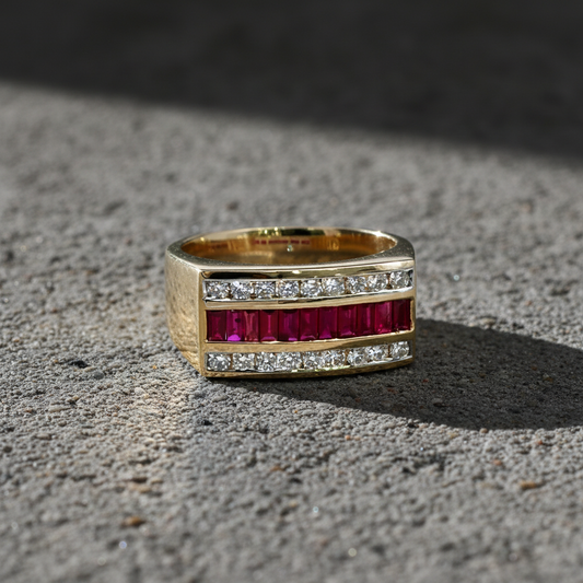 14KT Yellow Gold Men’s Ring Featuring 0.79ct Baguette Rubies and 0.47ct Sparkling Diamonds