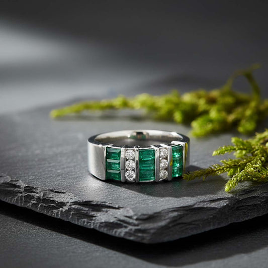 14KT White Gold Channel Set Emerald (0.78 CT) and Diamond (0.20 CT) Ring