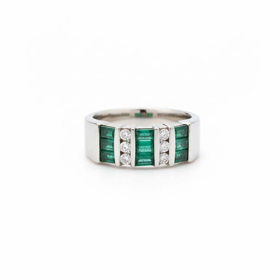 14KT White Gold Channel Set Emerald (0.78 CT) and Diamond (0.20 CT) Ring