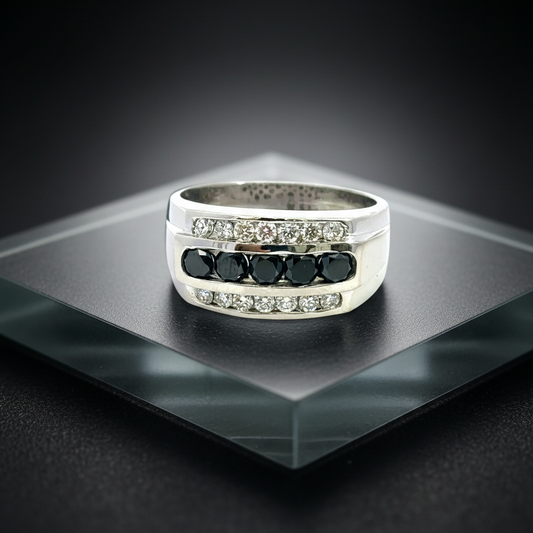 14KT White Gold Men’s Ring – 1.05ct Black Diamonds Surrounded by 0.55ct White Diamonds