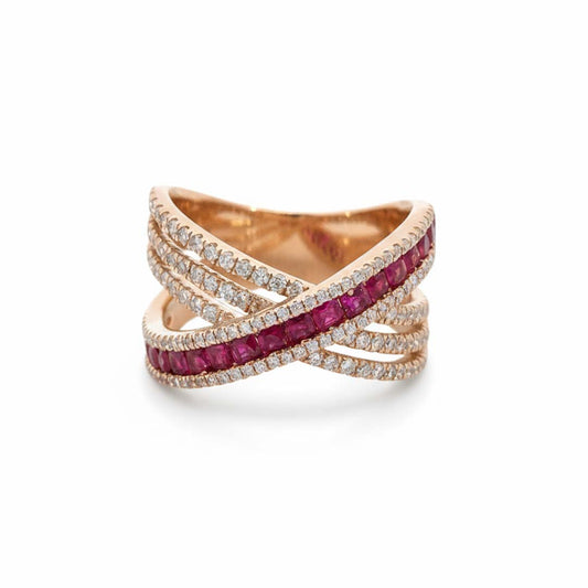 14KT Rose Gold Ruby & Diamond Crossover Band (RB: 0.74 CTS | DIA: 0.67 CTS)