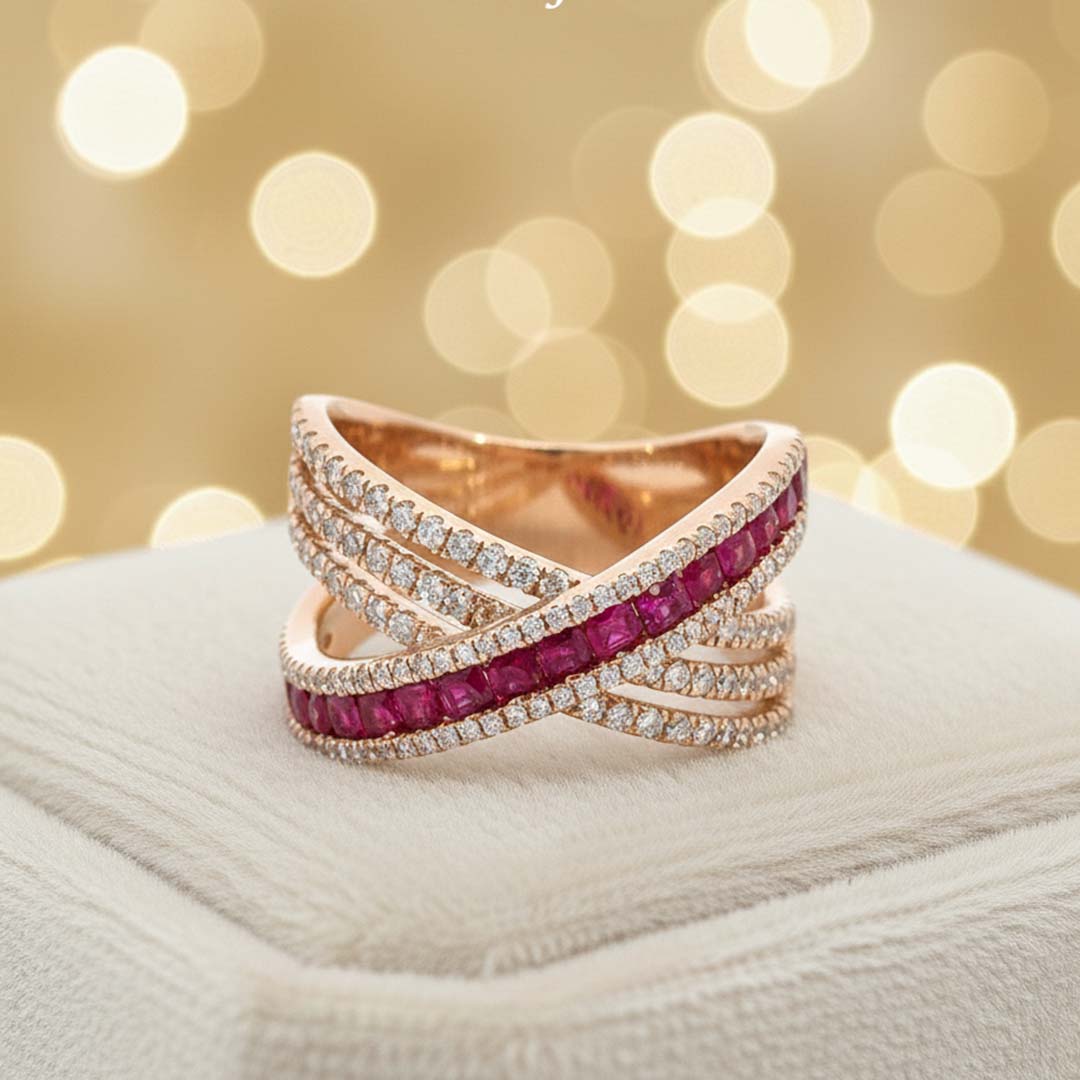 14KT Rose Gold Ruby & Diamond Crossover Band (RB: 0.74 CTS | DIA: 0.67 CTS)