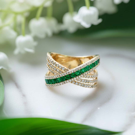14KT Yellow Gold Emerald (0.49 CT) and Diamond (0.64 CT) Crossover Ring