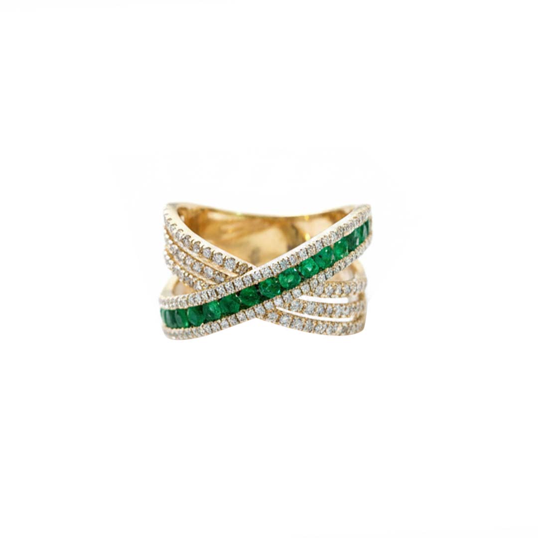14KT Yellow Gold Emerald (0.49 CT) and Diamond (0.64 CT) Crossover Ring