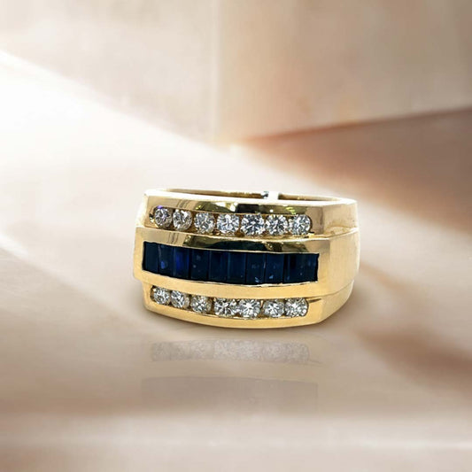 Men’s 14KT Yellow Gold Ring with 1.50ct Baguette-Cut Sapphires & 0.95ct Diamonds