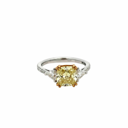 2.08ct Fancy Yellow Cushion-Cut Diamond Ring in 18K Gold with Trillion Side Diamonds