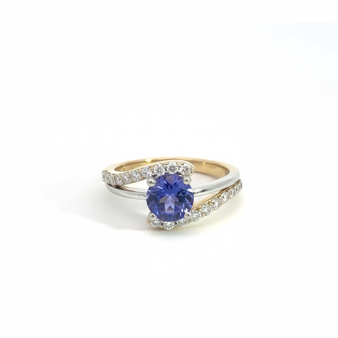 Tanzanite and Diamond Ring | 1.25 ct Round Tanzanite with 0.60 ct Side Diamonds in 14K Two-Tone Gold