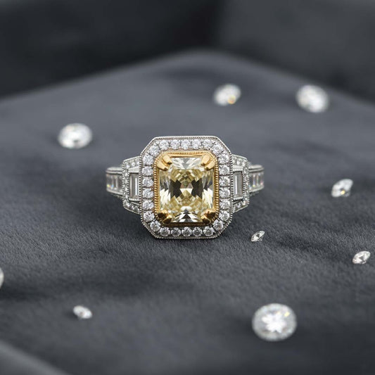 2.50ct Radiant-Cut Diamond Ring in 18K Gold with 1.50ct Baguette & Halo Side Diamonds