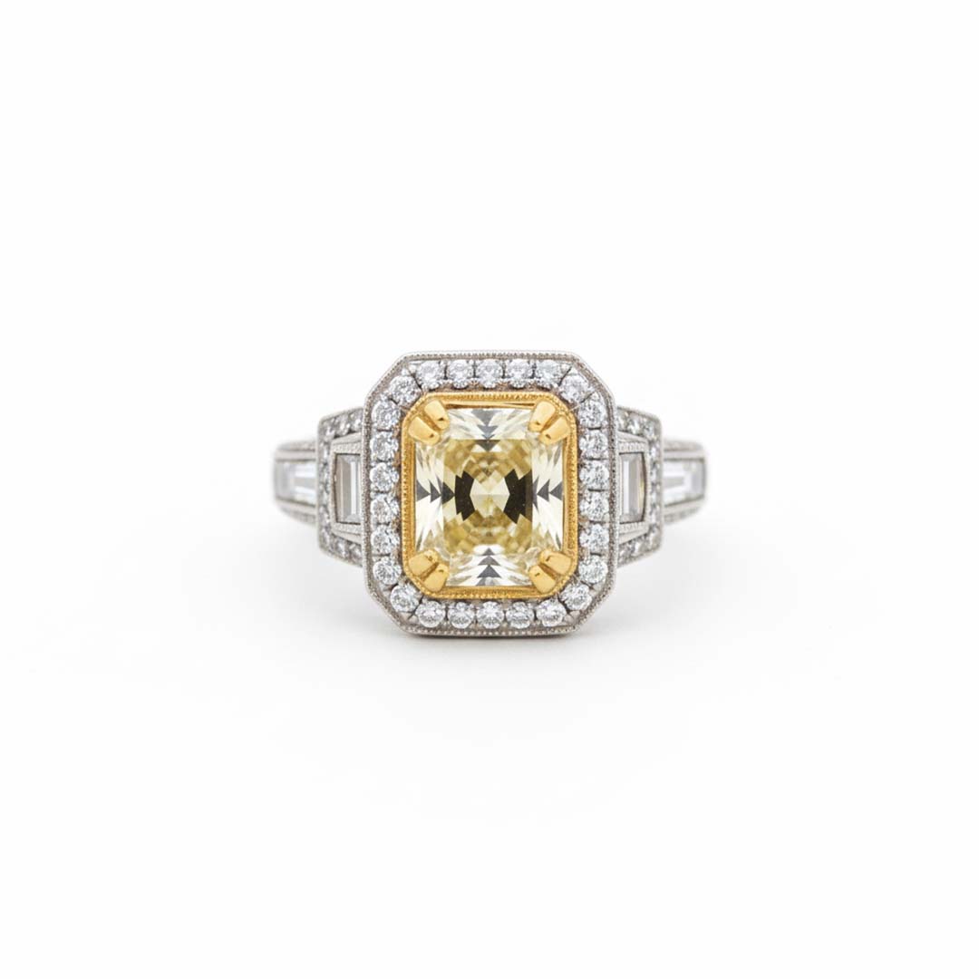 2.50ct Radiant-Cut Diamond Ring in 18K Gold with 1.50ct Baguette & Halo Side Diamonds
