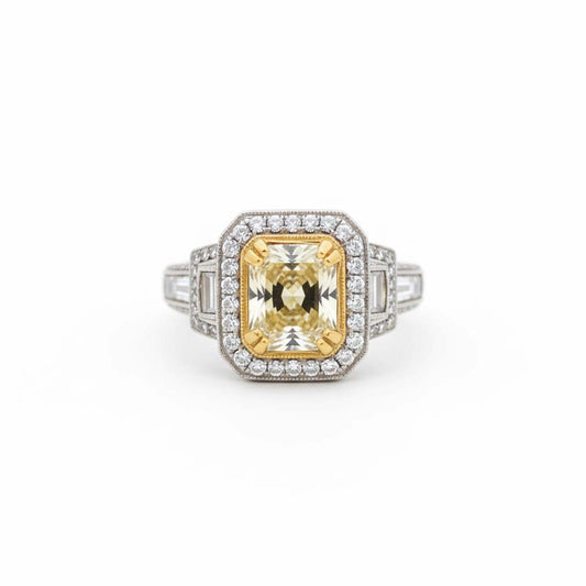 2.50ct Radiant-Cut Diamond Ring in 18K Gold with 1.50ct Baguette & Halo Side Diamonds
