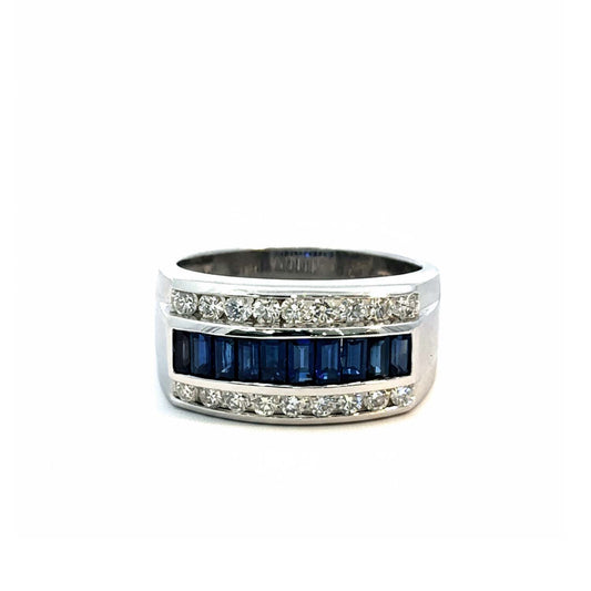 Men’s 14KT White Gold Ring with 2.00ct Channel-Set Sapphires & Diamond Rows