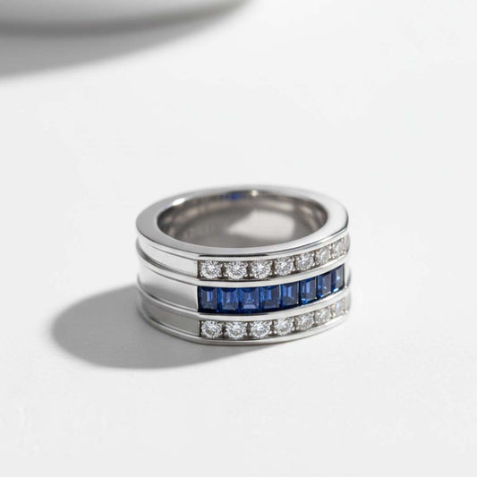 Men’s 14KT White Gold Ring with 2.00ct Channel-Set Sapphires & Diamond Rows