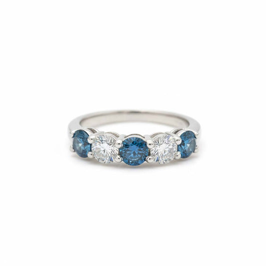 14K White Gold Blue & White Diamond Band – 1.65 CTW Alternating Five-Stone Style