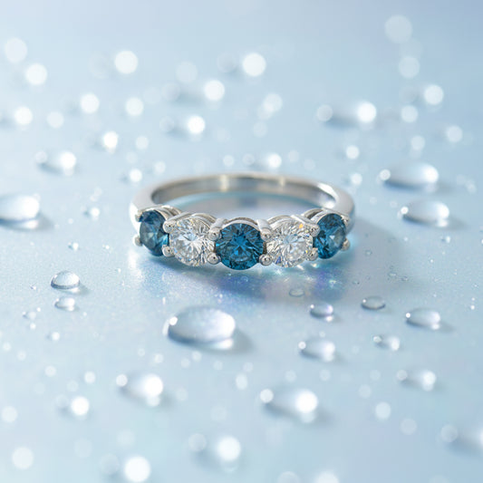 14K White Gold Blue & White Diamond Band – 1.65 CTW Alternating Five-Stone Style