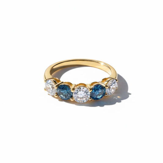 14K White Gold Blue & White Diamond Ring – 2.10 CTW Five-Stone Classic Design