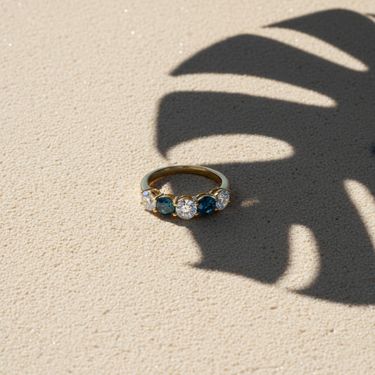 14K White Gold Blue & White Diamond Ring – 2.10 CTW Five-Stone Classic Design