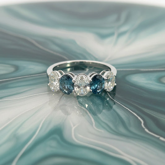 14K White Gold Blue & White Diamond Ring – 2.50 CTW Oval-Cut Alternating Design