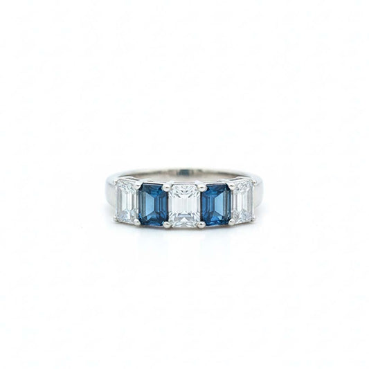 14K White Gold Blue & White Diamond Ring – 2.59 CTW Emerald-Cut Alternating Design