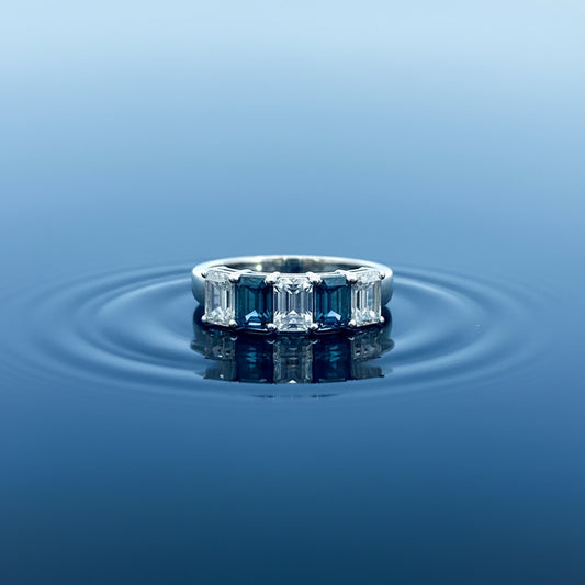 14K White Gold Blue & White Diamond Ring – 2.59 CTW Emerald-Cut Alternating Design