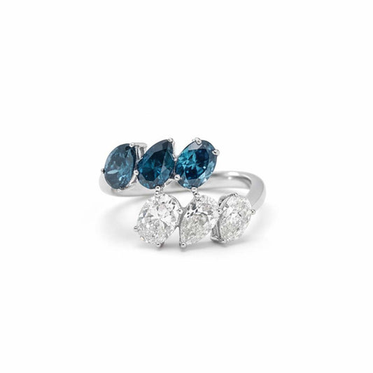 14K White Gold Blue and White Diamond Bypass Ring – 3.31ct Pear-Cut Natural Diamonds